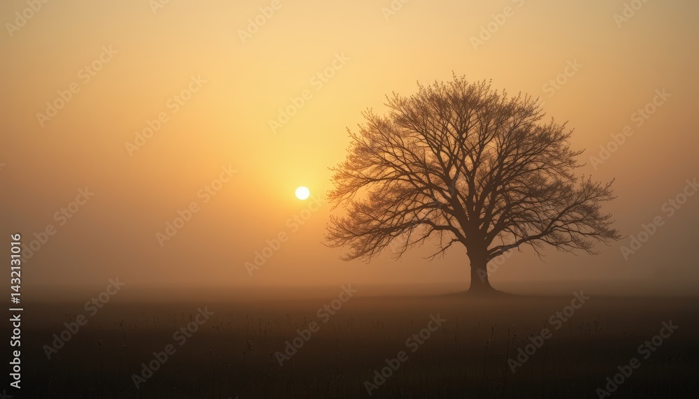 Obraz premium Lone Tree in Mist at Dawn