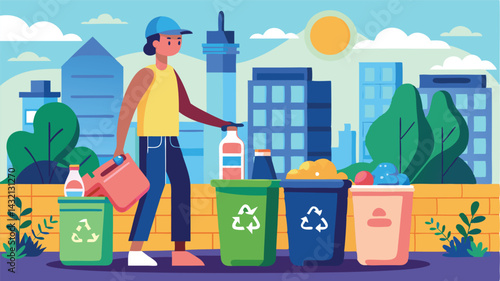 Creative vector illustration showing a young person actively recycling waste at a modern urban park with skyscrapers in the background during a sunny day
