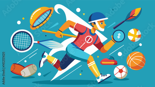 Dynamic vector illustration of an athlete running with various sports equipment in a vibrant background