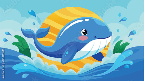 Vector illustration of a cheerful blue whale swimming playfully in ocean waves with splashes of water in a bright and vibrant underwater scene