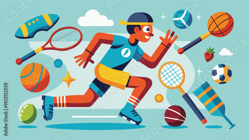 Dynamic vector illustration of an athlete running with various sports equipment in a vibrant background