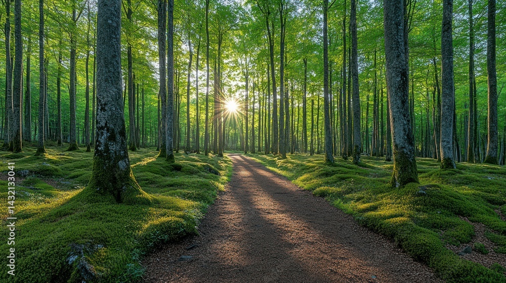 Fototapeta premium Sunlit Path Through Mossy Beech Forest at Dawn