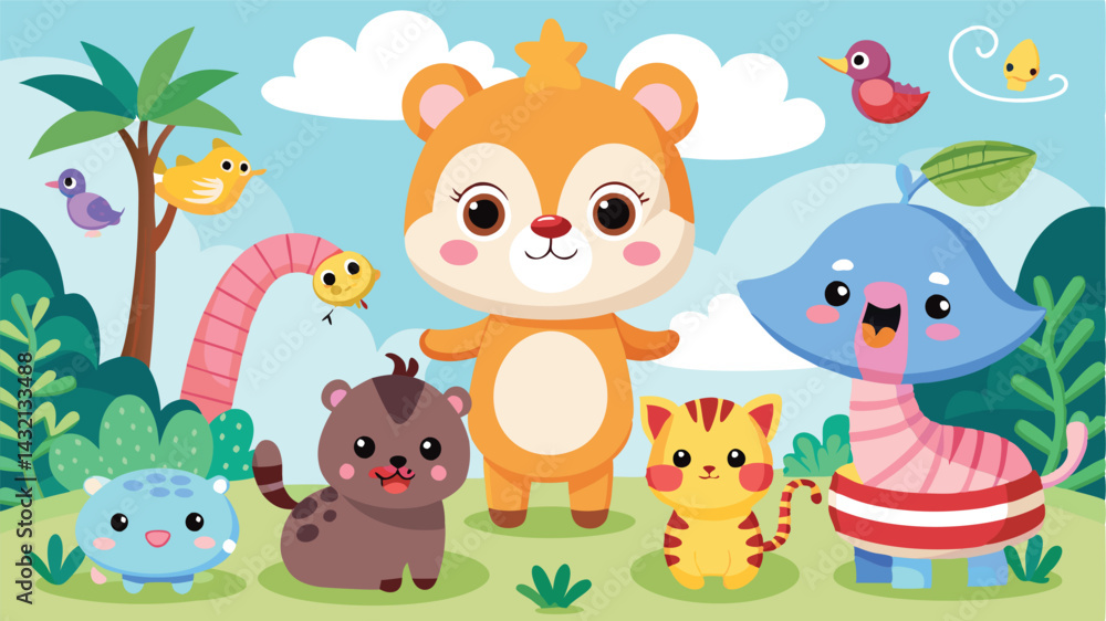 Naklejka premium Vector illustration of cheerful cartoon animals in a vibrant garden setting, perfect for children's books or educational materials featuring friendly wildlife in a playful atmosphere