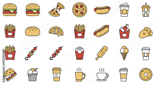 Yummy Fast Food Icons Set Burgers Pizza Fries Hot Dogs Ice Cream Coffee Donuts Colorful Line Art