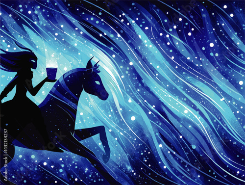 Mystical Night Ride – Silhouette of Woman on Horse with Magic Cup against Vibrant Blue Starry Abstract Background