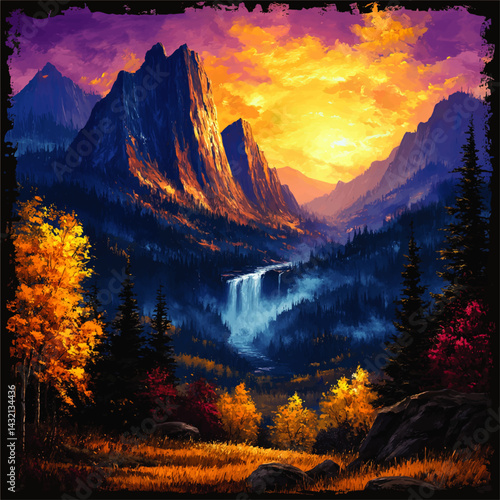 Majestic Autumn Mountain Landscape with Vibrant Sunset Sky, Waterfall, Pine Trees and Colorful Foliage—Dramatic Nature Painting