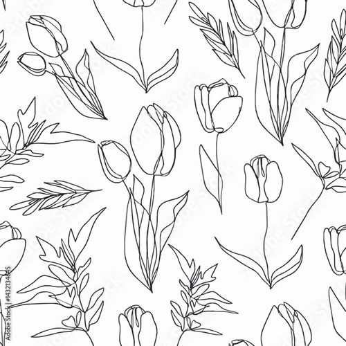 Vector Flower Linear Seamless Background with Tulips and Leaves
