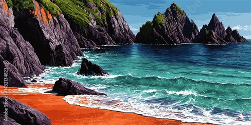 Vibrant Vector Seascape With Rocky Cliffs, Turquoise Ocean Waves, Sandy Beach And Blue Sky – Coastal Landscape Illustration
