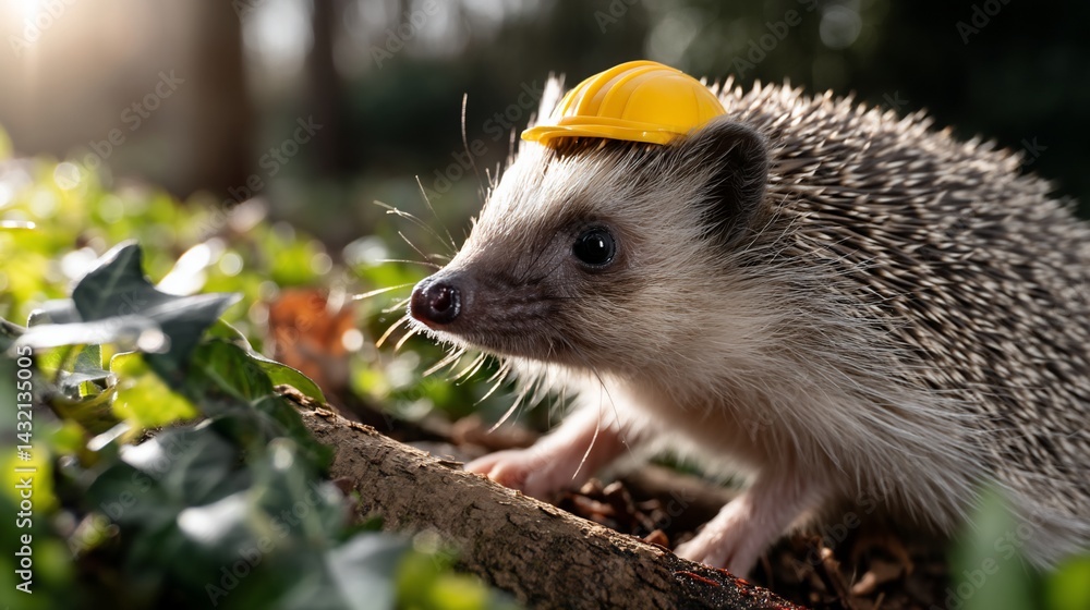 Naklejka premium Cute hedgehog wearing a tiny yellow hard hat