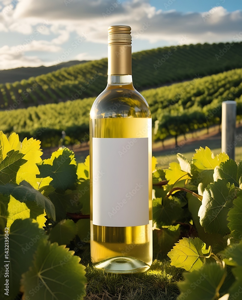 Fototapeta premium Elegant white wine bottle with blank label placed among vineyard grapes and leaves under blue skies, ideal for branding, wine marketing, product mockups, or vineyard lifestyle concepts