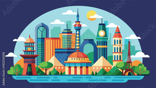 Urban skyline featuring iconic buildings and structures in a vibrant vector style illustration during sunrise or sunset