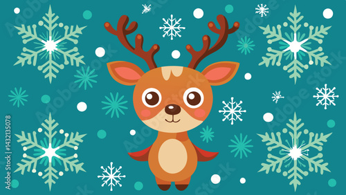 Festive vector illustration of a cheerful reindeer surrounded by snowflakes, colorful flowers, and stars, capturing the spirit of winter celebrations and holiday joy