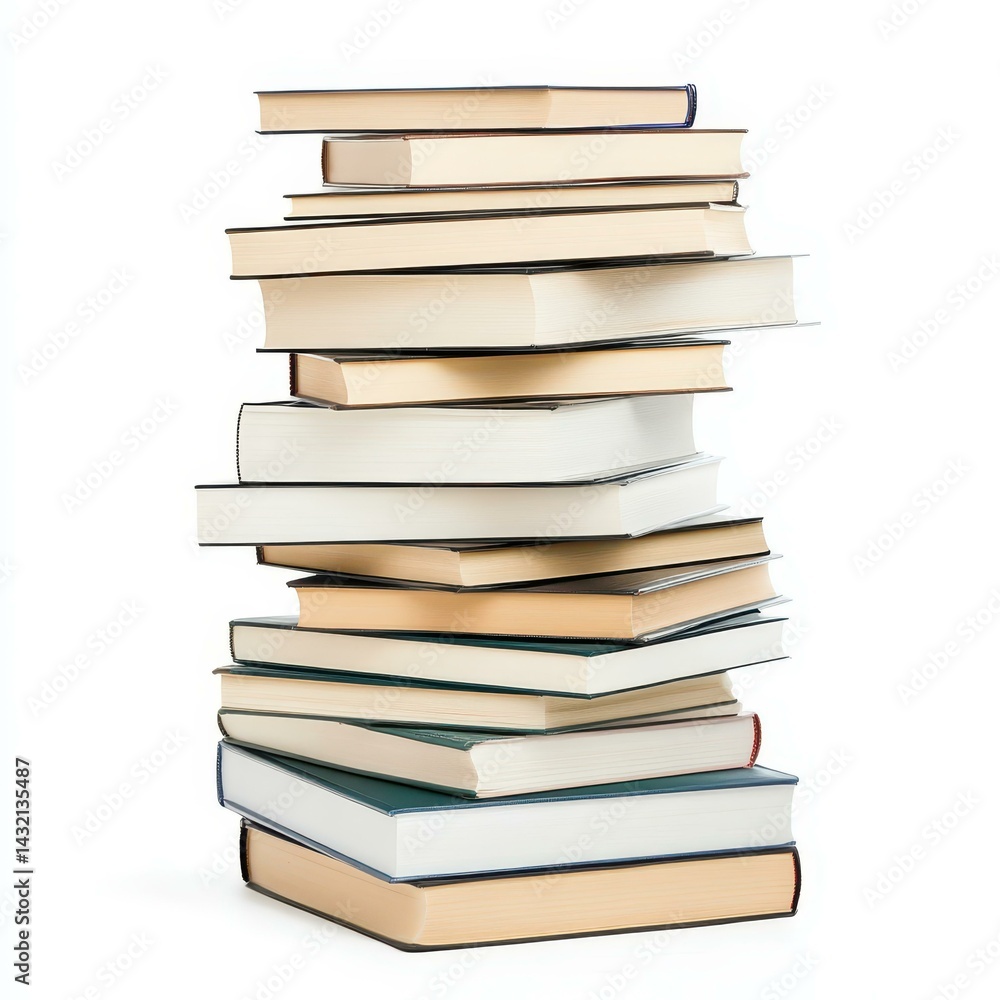 A neat stack of books in varying sizes resting on a pure white background, perfect for showcasing literary themes. A neat stack of books in varying sizes resting on a pure white background, perfect for showcasing literary themes.
