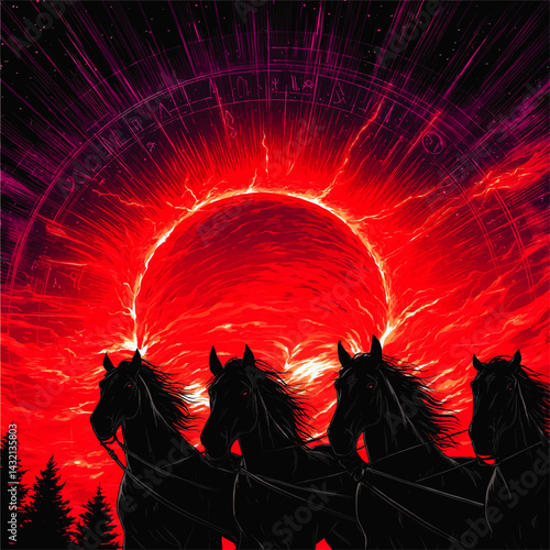 Apocalyptic Black Horses Silhouette Against Fiery Red Eclipse with Zodiac Symbols and Cosmic Night Sky Illustration