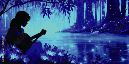 Enchanted Forest Night Scene with Woman Playing Guitar by Mystical Lake, Glowing Flowers, Swan and Magical Blue Light