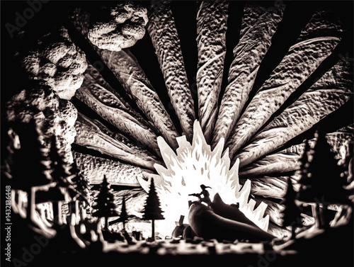 Dramatic Black and White Fantasy Forest Explosion With Adventurer Silhouette and Surreal Sunburst Light Rays