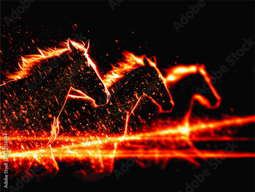 Fiery Running Horses Silhouette – Abstract Digital Art of Glowing Stallions with Sparks and Flames on Black Background