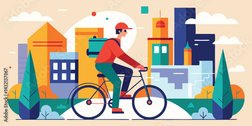 Bicycle delivery person navigating through an urban cityscape filled with modern buildings under a clear sky