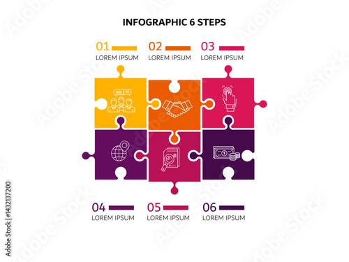Infographic template. Concept 6 pieces of puzzle with icons business. For infographic step presentation business. Vector Eps