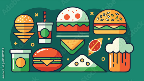 Colorful vector illustration featuring a variety of food items including burgers, drinks, and snacks in a playful arrangement ideal for culinary design themes