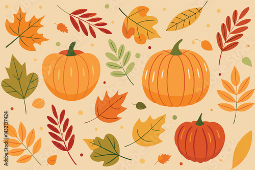 Colorful vector illustration of pumpkins and autumn leaves in warm shades, perfect for seasonal decorations and fall themes