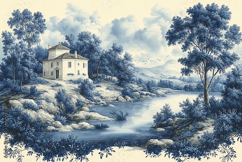 Wallpaper Mural A scenic depiction of a landscape painting in blue tones Torontodigital.ca