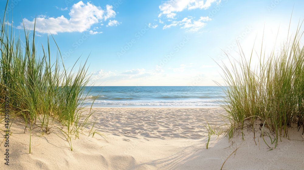 custom made wallpaper toronto digitalserene beach view with tall grass framing sandy shore and gentle waves under bright sky