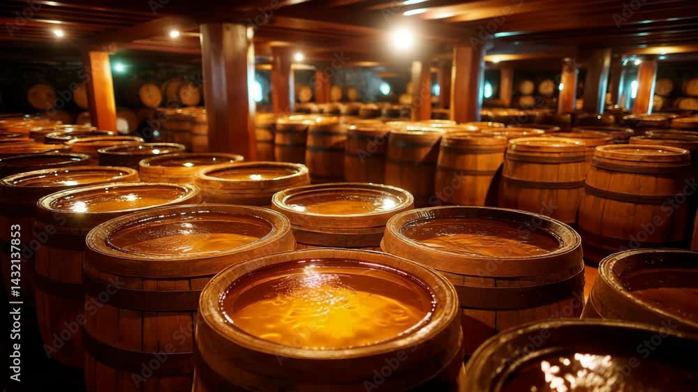 Interior view of aging cellar with rows of filled wooden barrels showing liquid at distillery or winery creating spirits Interior view of aging cellar with rows of filled wooden barrels showing liquid at distillery or winery creating spirits