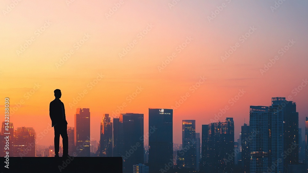Fototapeta premium Businessman Silhouette Over High Rise Buildings at Sunrise