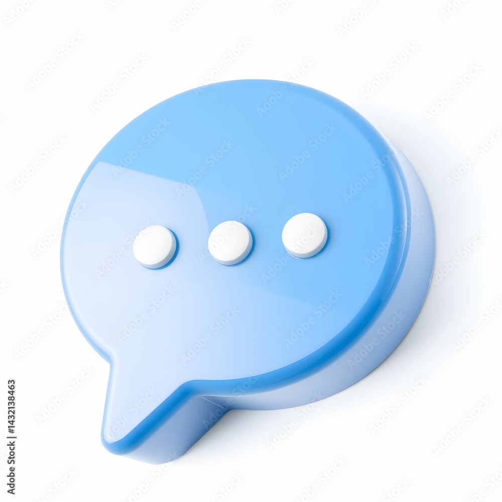 3D speech bubble icon, light blue, three white dots, minimalist design, soft gradient, clean aesthetic, rounded edges, digital illustration, communication symbol, glossy finish, chat app logo 3D speech bubble icon, light blue, three white dots, minimalist design, soft gradient, clean aesthetic, rounded edges, digital illustration, communication symbol, glossy finish, chat app logo