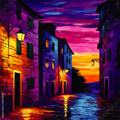 Vibrant Old Town Street at Sunset, Colorful Impressionist Painting with Glowing Lanterns and Dramatic Sky Reflections