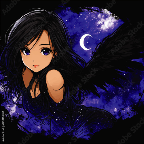 Mysterious Anime Angel with Black Wings and Midnight Sky, Crescent Moon, Cosmic Fantasy Art, Dark Purple Aesthetic Illustration