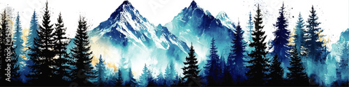 Majestic Blue Mountain Landscape with Pine Forest, Watercolor Painting, Nature Art Background for Wall Decor and Prints