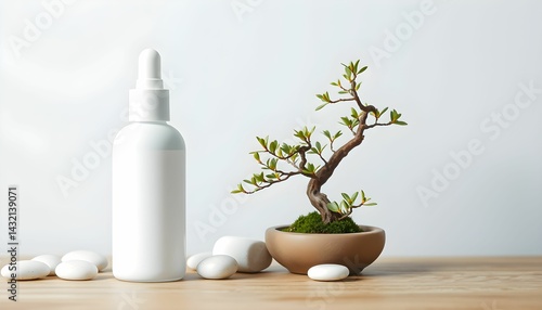 Wallpaper Mural Bonsai tree, zen garden, white ceramic bowl, smooth pebbles, frosted glass bottle, minimalist decor, soft lighting Torontodigital.ca