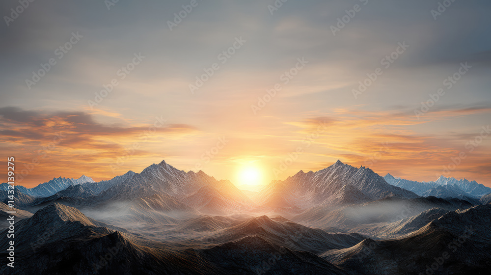Obraz premium Majestic mountains bathed in golden sunlight at sunset create breathtaking view