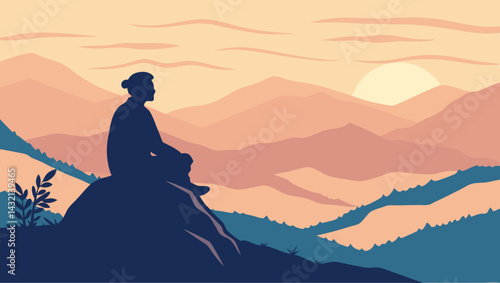 Person meditating at sunset in mountains, for wellness websites