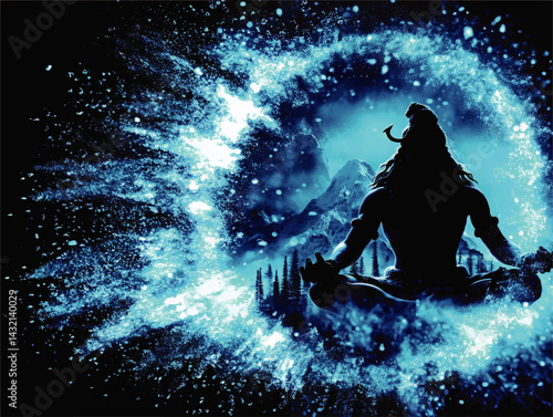 Mystical Lord Shiva Meditation Silhouette with Blue Cosmic Energy Burst and Himalayan Mountains – Spiritual Hindu Art Illustration