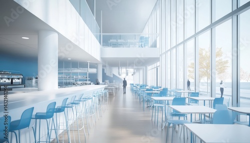 Modern  bright  open-plan cafeteria with blue accents.  Spacious  airy  and minimalist design.  Floor-to-ceiling windows offer natural light