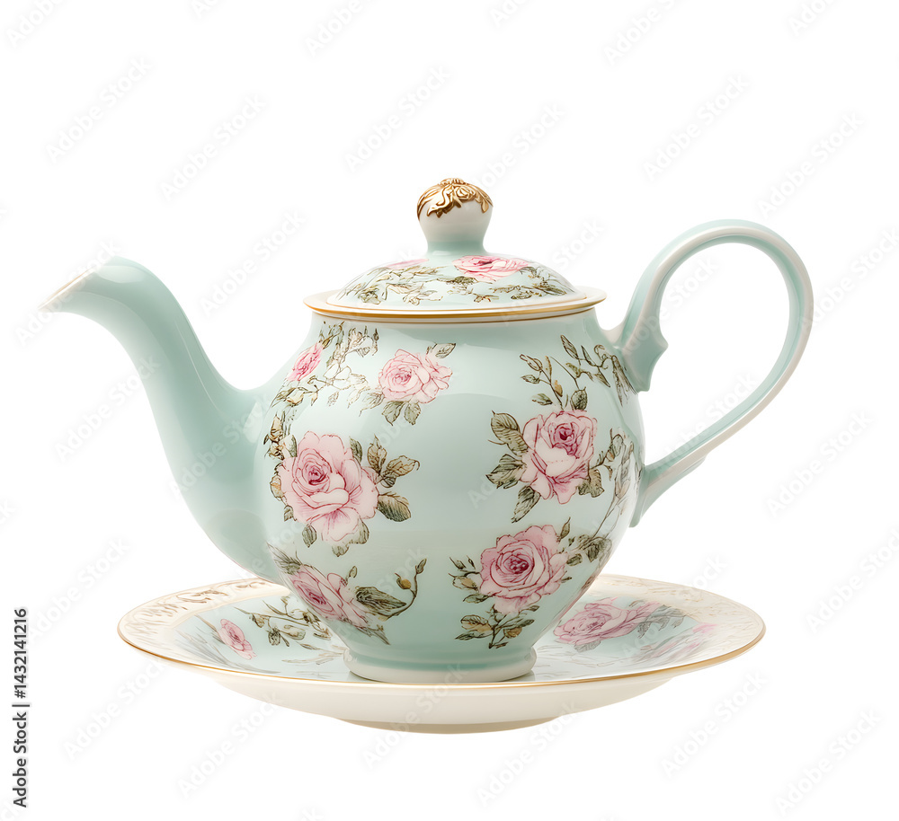 Elegant floral teapot and saucer set on a white background, showcasing intricate rose patterns for kitchen decor Elegant floral teapot and saucer set on a white background, showcasing intricate rose patterns for kitchen decor