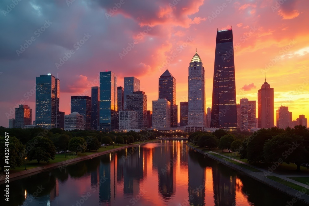 Fototapeta premium Houston skyline at sunset, modern architecture reflects golden light, downtown, cityscape photography