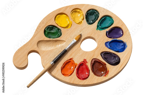 A wooden artist's palette with vibrant paint colors and a paintbrush, set against a transparent background.