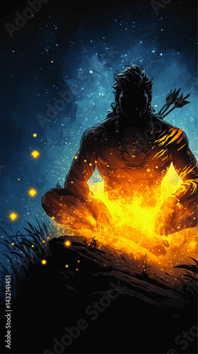 Mystical Warrior Meditating by Campfire Under Starry Night Sky – Vibrant Fantasy Illustration with Glowing Fireflies and Blue Orange Contrast