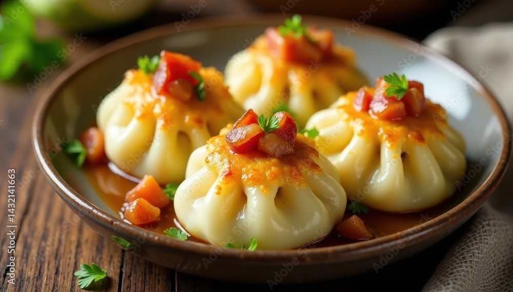 Plump dumplings, succulent bacon bits, sweet onions, foodie, food photography Plump dumplings, succulent bacon bits, sweet onions, foodie, food photography