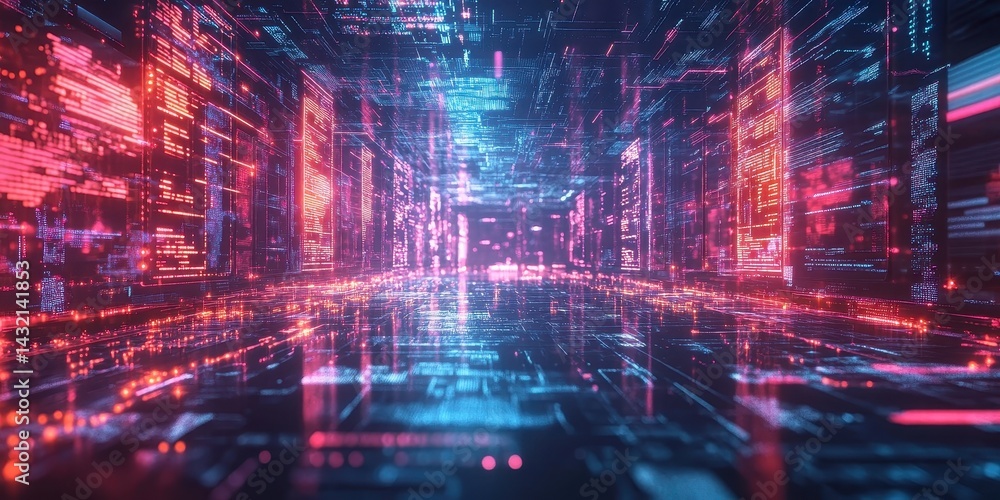 Obraz premium Digital neon city streets showcasing complex data streams.