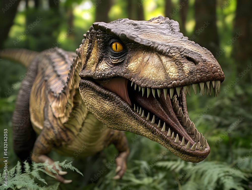 Obraz premium Raptor in Lush Forest: A Dramatic 3D Render