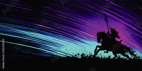 Epic Silhouette of Warrior on Horseback with Trident Against Vibrant Blue and Purple Abstract Streak Night Sky Background