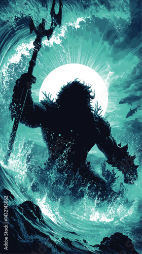 Powerful Ocean God Silhouette With Trident Amid Crashing Wave, Moonlight Fantasy Art, Mythical Underwater Ruler, Dramatic Blue Scene
