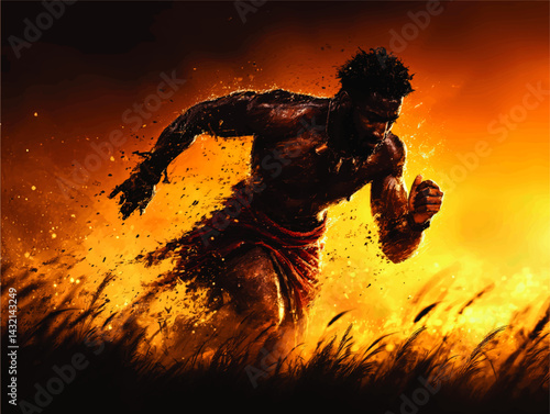 Powerful African Warrior Running in Fiery Field at Sunset – Dynamic Digital Art, Strength, Energy, Motivation, Heroic Scene