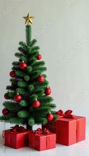 Compact green tree with red baubles   gold topper  beside oversized red presents  christmas tree  bows  ornaments