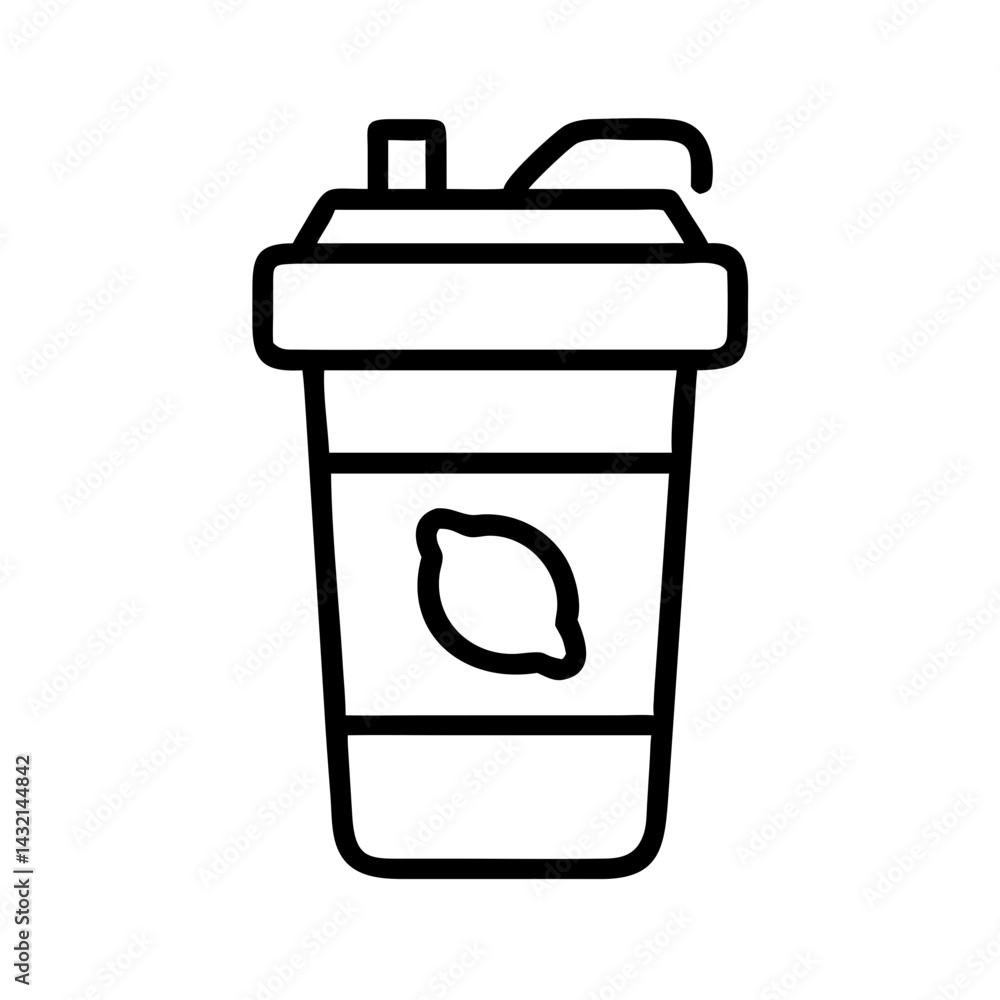 Minimalist black line icon of takeout beverage cup with lid, straw and lemon symbol, isolated on white background, symbol of refreshment and summer drink Minimalist black line icon of takeout beverage cup with lid, straw and lemon symbol, isolated on white background, symbol of refreshment and summer drink